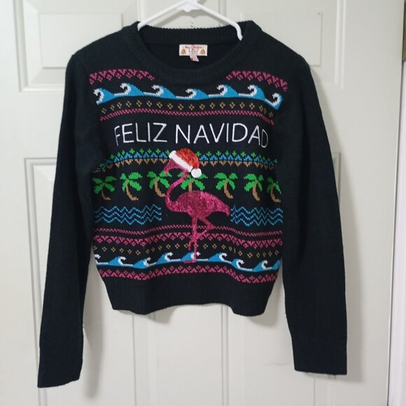 Merry Christmas Poof Feliz Navidad Flamingo Sweater S Black - Picture 1 of 11